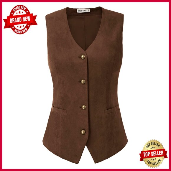 Faux Suede V-Neck Slim Fit Vest Office Wear Button Up Sleeveless Elegant